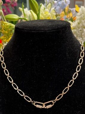 Gold Paperclip Chain Link Necklace with Pave Crystal Links- Women Jewelry